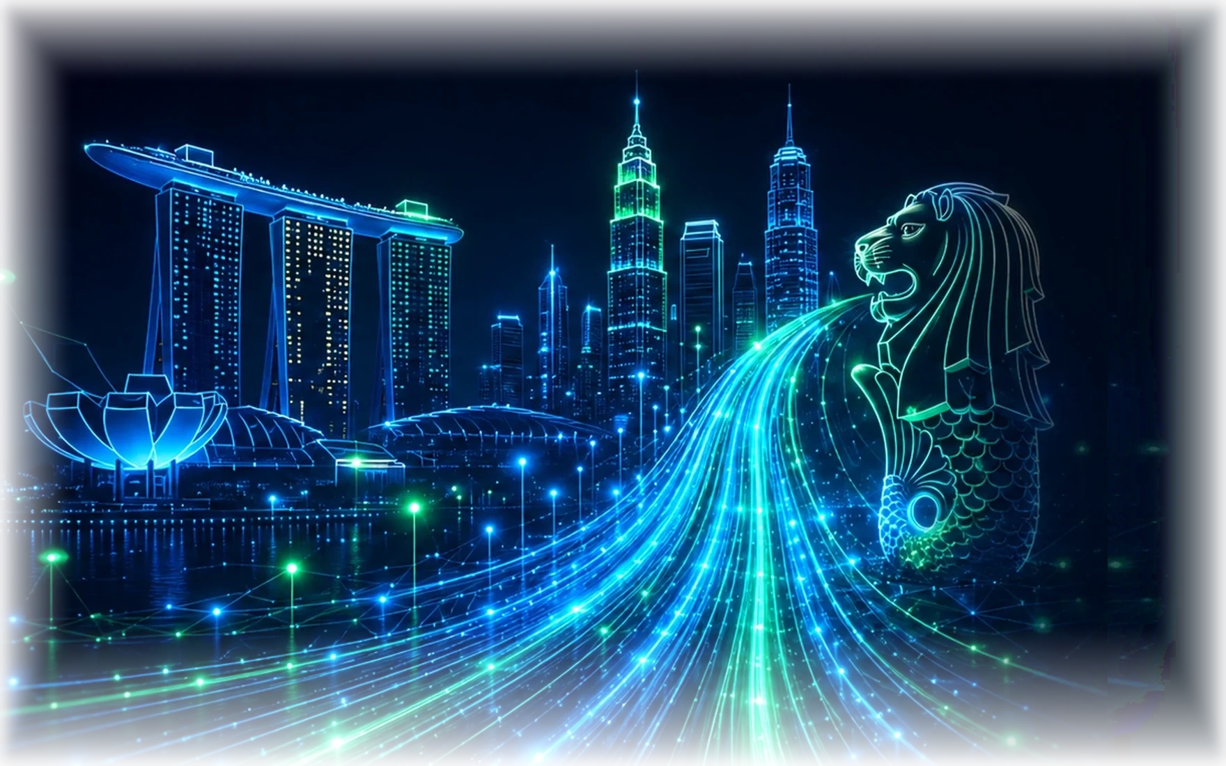 Singapore digital infrastructure and connectivity represented through Marina Bay landmarks and network light trails
